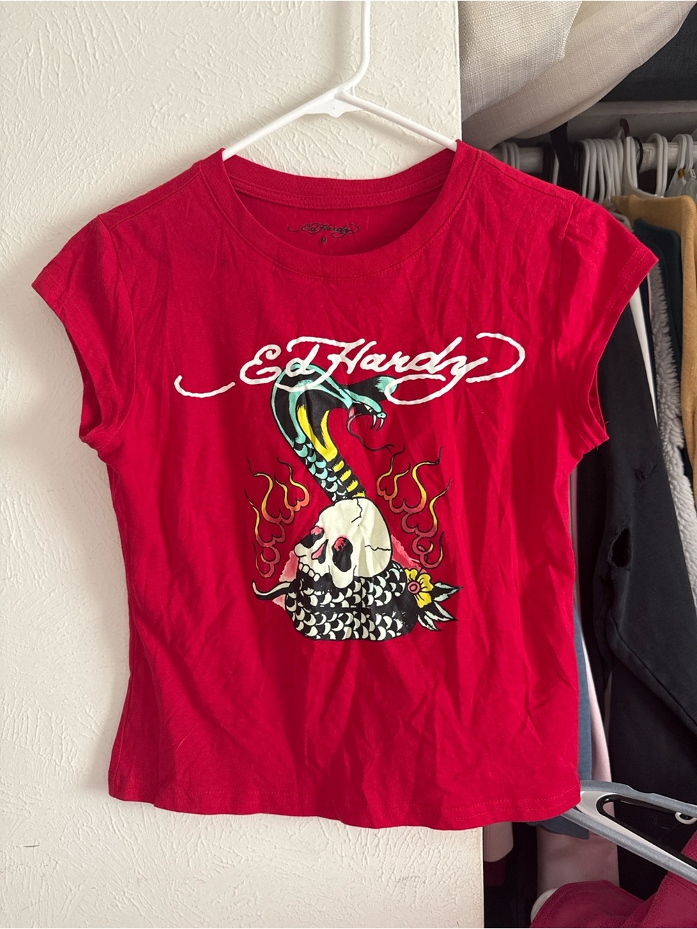 Ed Hardy Red Kids Tee with Skull, Snake & Flame Graphic